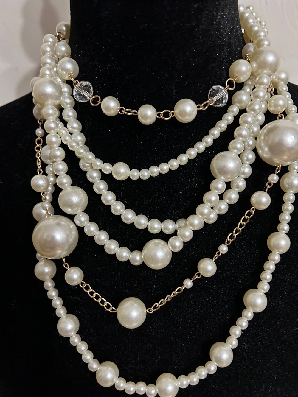 Layered White Pearl Multi-Strand Necklace with Gold Accents Lobster Clasp - Picture 2 of 3